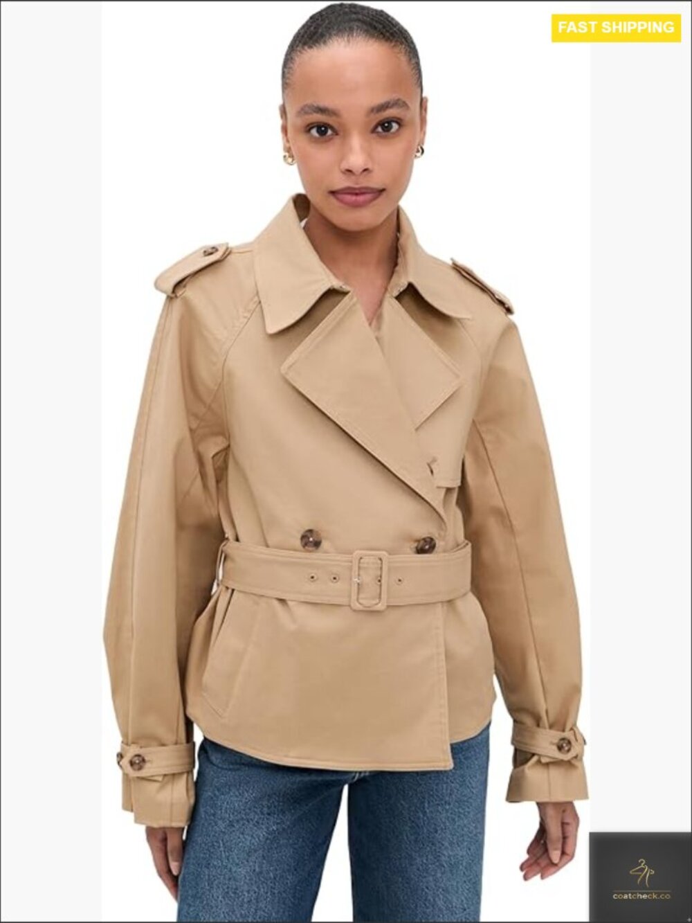 Cropped Trench Jacket Classic Notched Collar Long Sleeve Twill Cotton